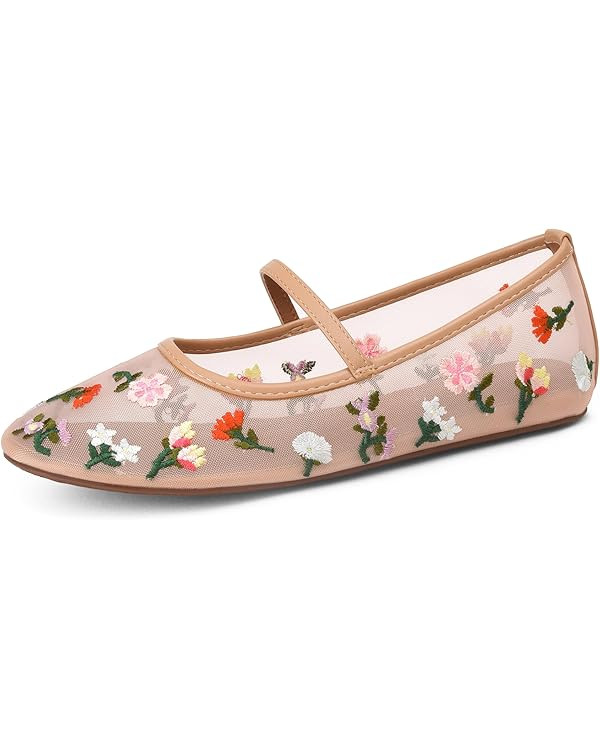 Mesh Flats for Women Mesh Ballet Flat Shoes for Dressy Office Ballerinas Mary Jane Flats with Emb... | Amazon (US)