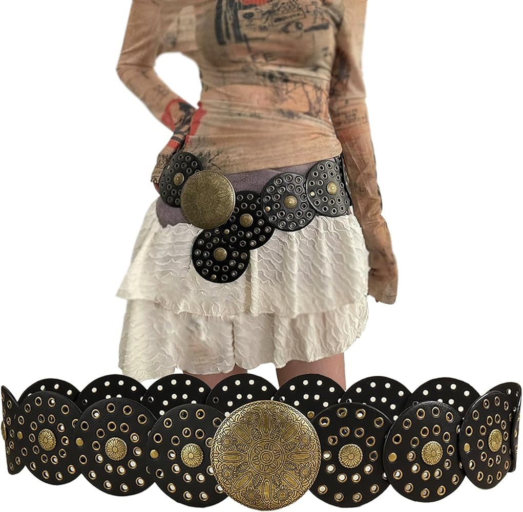 KJMYYXGS Chunky Belts for Women Western Style, Boho Wide Disc Concho Leather Waist Belt Vintage Country Circle y2k Belt | Amazon (US)