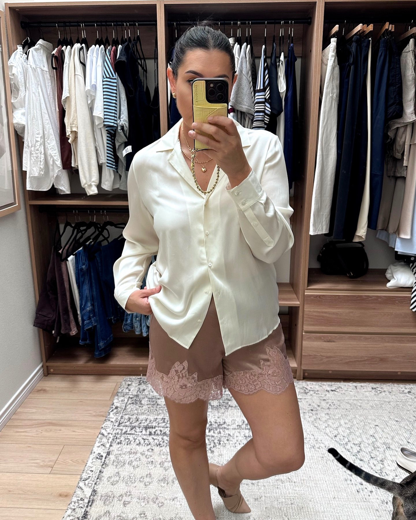Don’t sleep on the silk pieces from Quince – they are some of my favorite pieces in my closet. I am in the large of this silk top and it runs TTS, I just wanted a more relaxed fit. Otherwise stick with your typical size. It’s non-sheer, high quality silk as well. 

These silk lace shorts are also back in stock! I am in the large, they fit me perfectly. I got these in the summer and I’m looking forward to pairing them with sweaters this fall. But I will say this rose color is a harder color to style. I would suggest going with the ivory instead.  

 