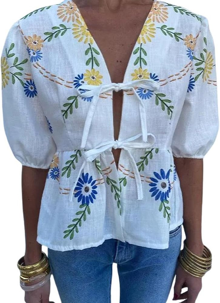 utcoco Womens Y2K Puff Sleeve Tie Front Peplum Babydoll Shirts Lace Up Blouses Cute Summer Going ... | Amazon (US)