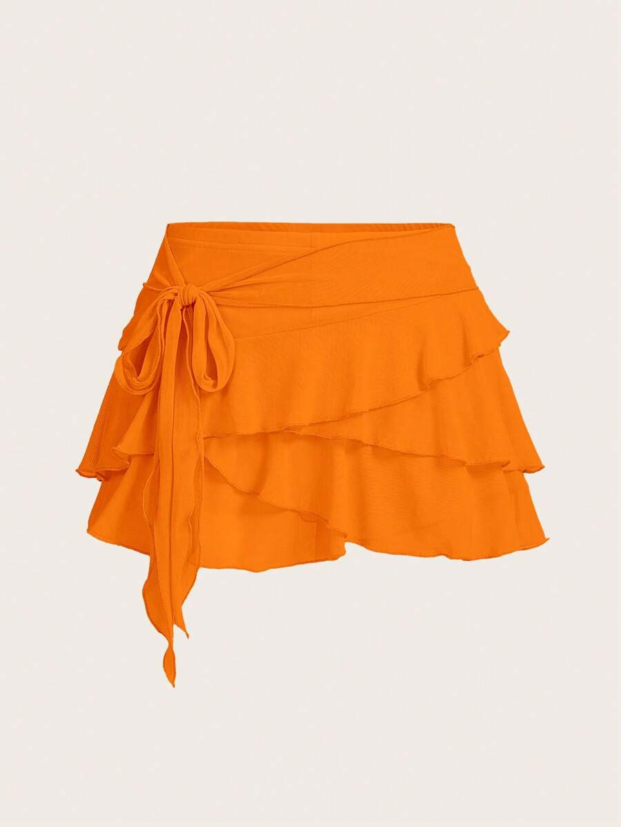 SHEIN ICON Women's Multi-Layer Ruffle Trim Low Rise Y2K Mini Orange Skirt | SHEIN