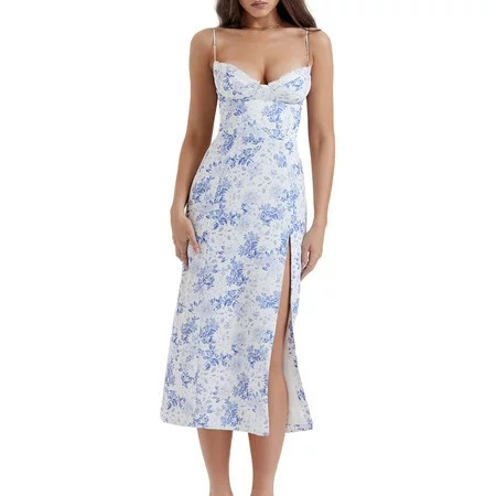 Women Vintage Floral Dress Spaghetti Straps Low Cut Slit Midi Dresses | Walmart (US)