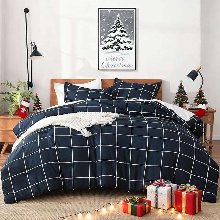 Andency Navy Plaid Comforter Twin(66x90Inch), Dark Blue Grid Gingham Buffalo Plaid Bed Set for Bo... | Amazon (US)