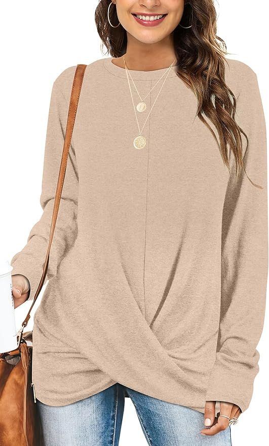 Tunic Tops For Leggings For Women Twist Front Long Sleeve Crew Neck Shirts | Amazon (US)