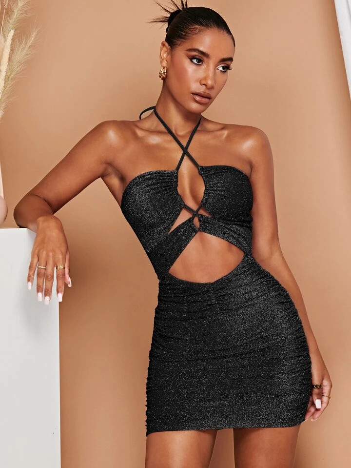 SHEIN BAE Crisscross Tie Back Ruched Front Glitter Halter Bodycon Dress | SHEIN