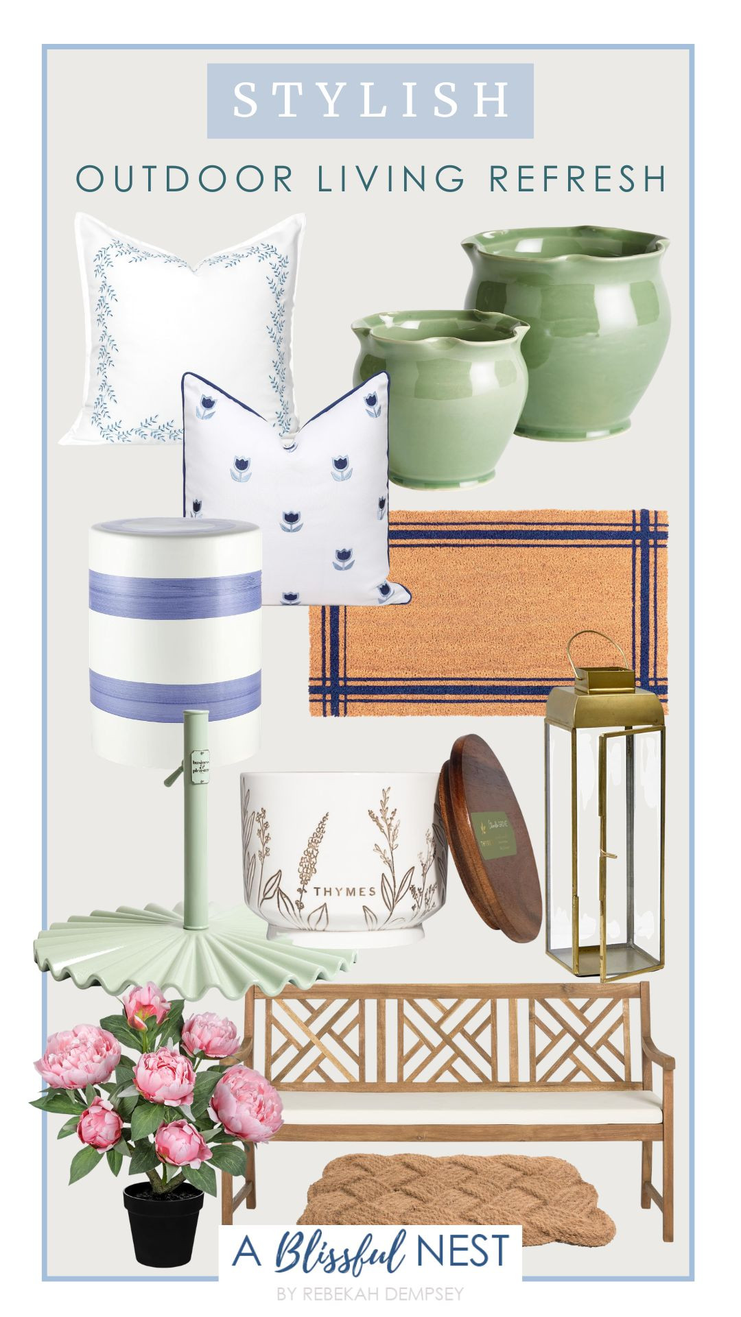 Cozy outdoor touches that make the space feel welcoming. Shop the edit.

green pots, outdoor patio umbrella base, coastal Hampton patio throw pillow, natural rope jute rug, coir doormat, pink fake pink peonies, outdoor citronella candle, floral coastal pillow, gold lantern, blue and white ceramic garden stool, beige bench 

 #LTKHome