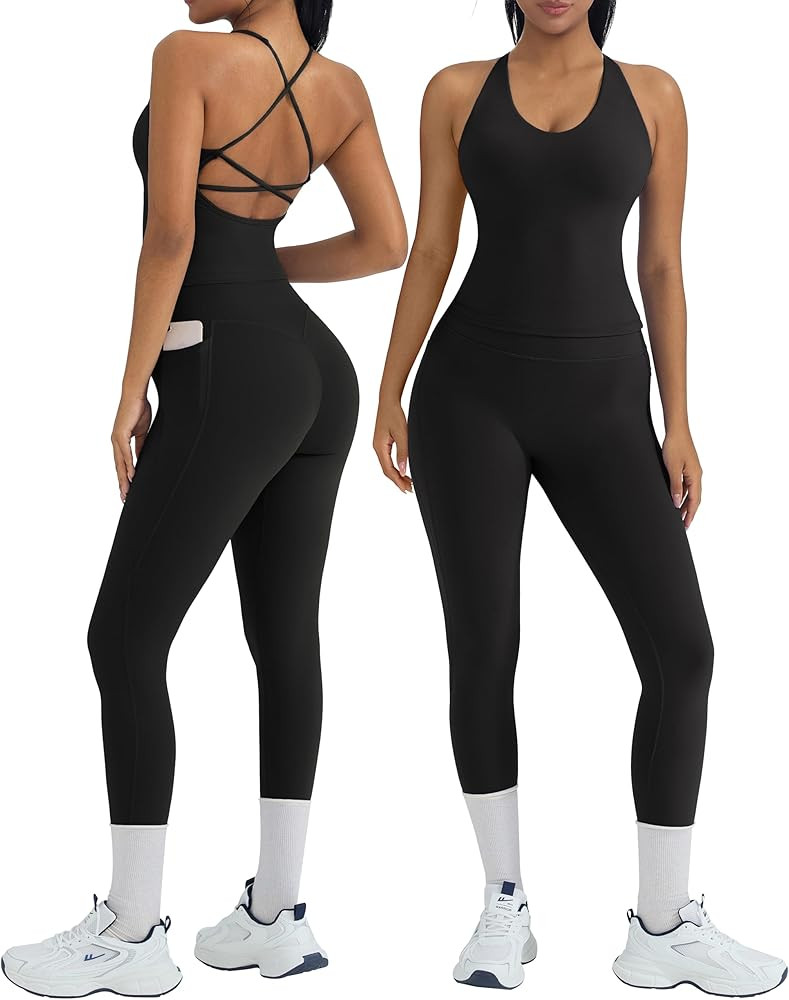 OMKAGI 2 Piece Workout Sets for Women Padded Workout Tops Booty Leggings with Pockets Gym Sets | Amazon (US)