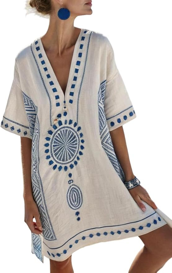 Women's Summer V-Neck Short Sleeve Mini Dress Casual Boho Ethnic Printed Beach Vacation Cover Up ... | Amazon (US)