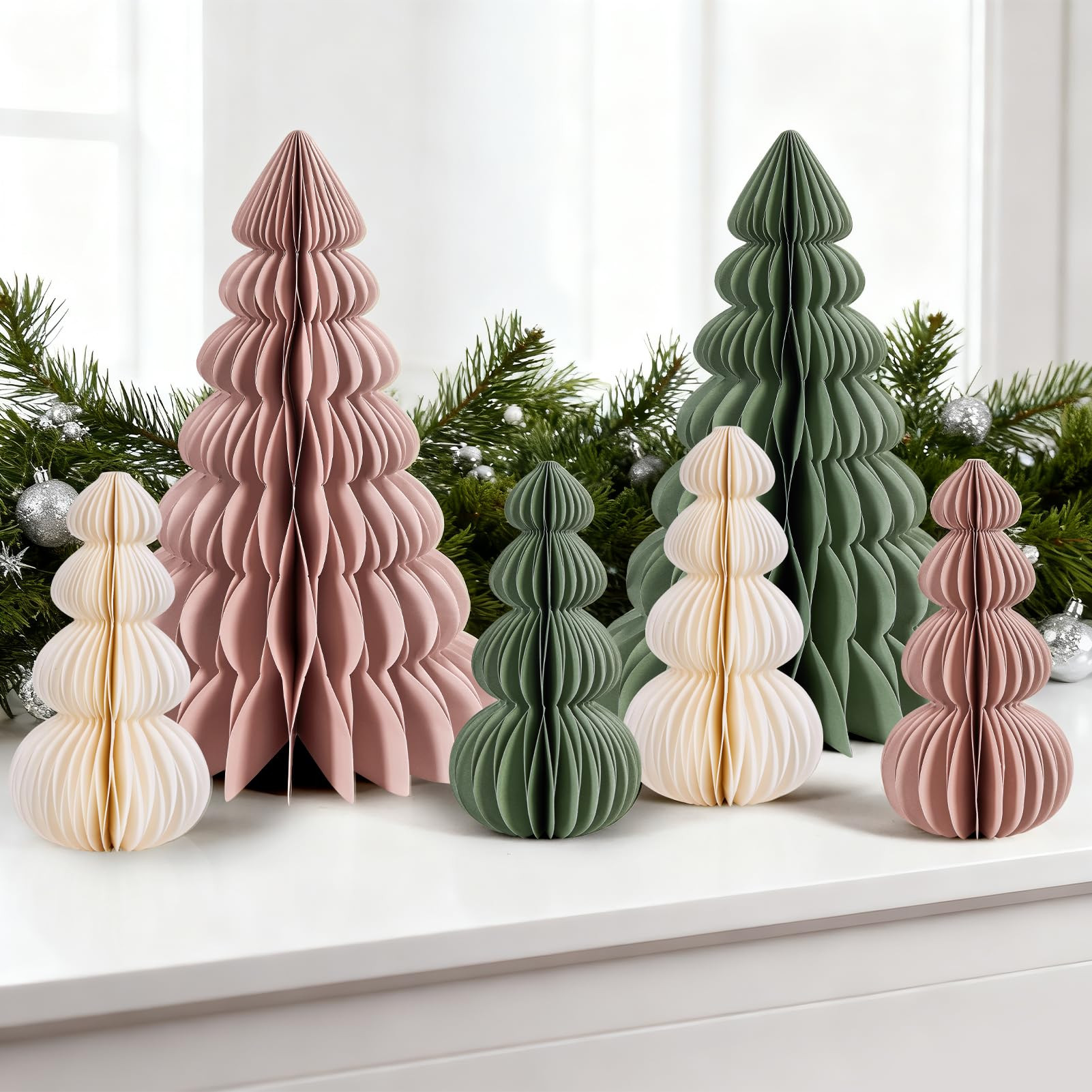 6 Pcs Paper Christmas Tree, Beige, Sage Green and Dusty Pink Tabletop Christmas Decorations with ... | Amazon (US)