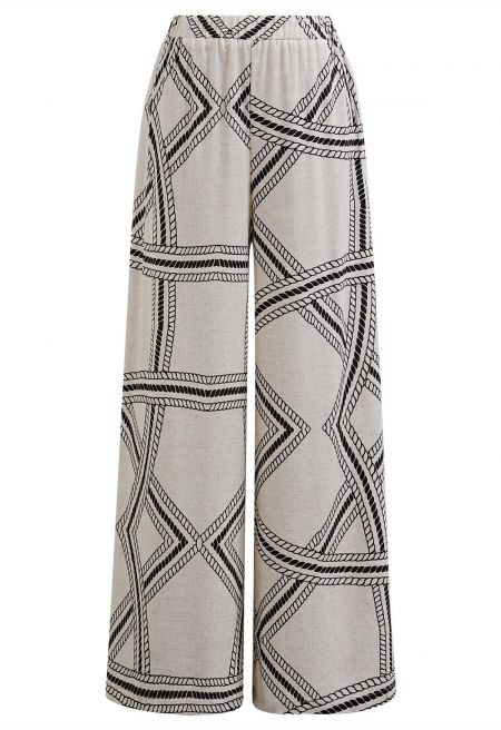 Geometric Grid Linen-Blend Palazzo Pants | Chicwish