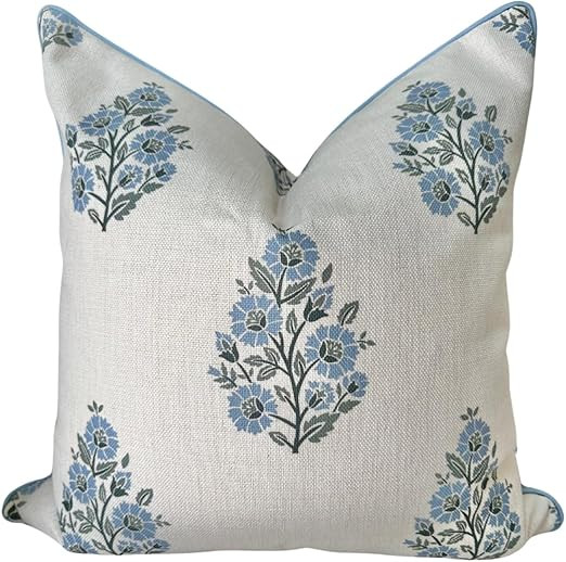 “The Camille” Floral Block Print Pillow Cover – Soft Blue and Off-White Decorative Throw Pi... | Amazon (US)