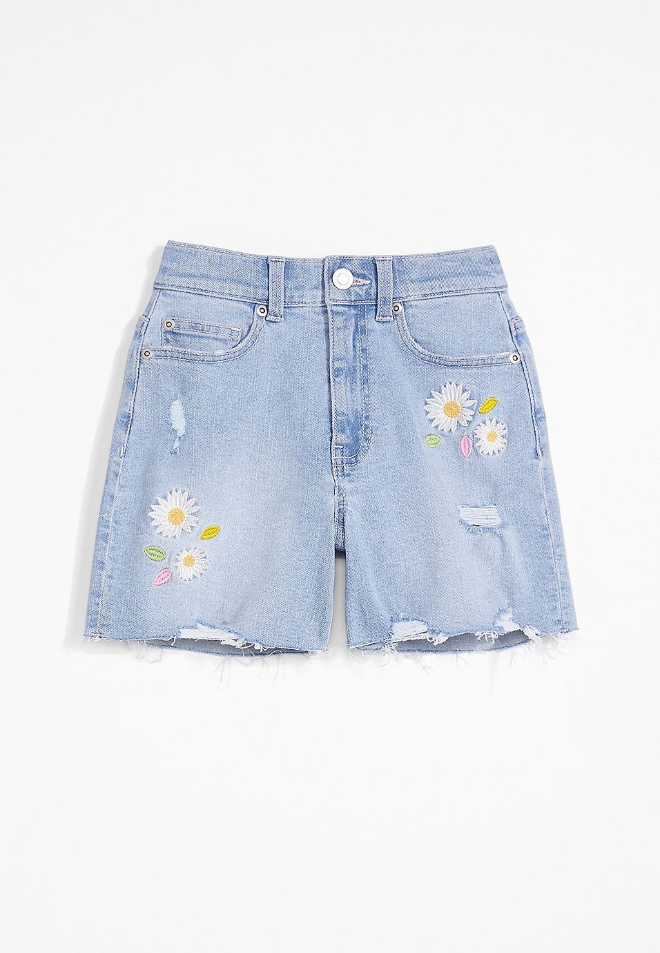 Girls High Rise Flower Embroidered 4in Shorts | Maurices