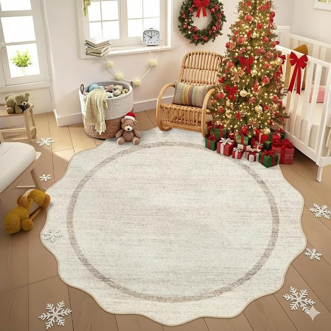 GarveeHome Scalloped Round Rugs 6 ft Washable Area Rug for Playroom, Beige | Kids Non-Slip Neutra... | Amazon (US)
