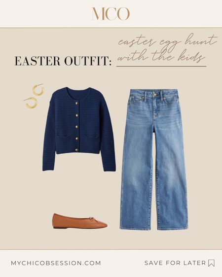 Elevate your easter egg hunt with a classic navy cardigan, wide leg jeans, leather ballet flats, and gold hoops.

#LTKSeasonal #LTKstyletip