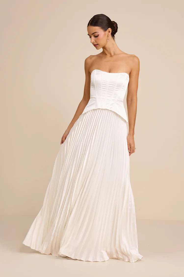 Dovey White Satin Pleated Maxi Dress | Lulus
