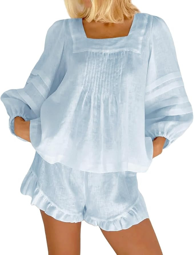 Women's 2 Piece Sets Cotton Ruffle Pajama Set | Matching Short Set, Lightweight Breathable Cotton... | Amazon (US)