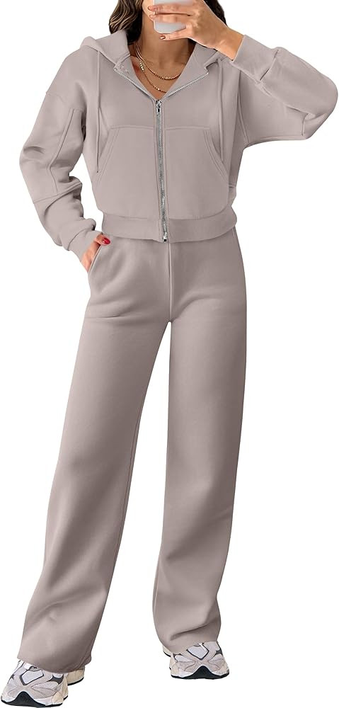 ANRABESS Women 2 Piece Outfits Sweatsuit Zip Up Crop Hoodies SweatPants Lounge Matching Sweat Set... | Amazon (US)