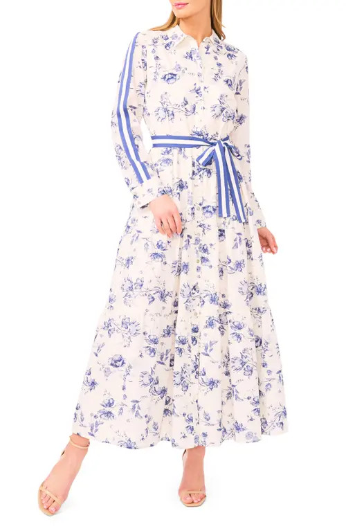 CeCe Floral Print Long Sleeve Belted Shirtdress in Classic Navy at Nordstrom, Size X-Small | Nordstrom