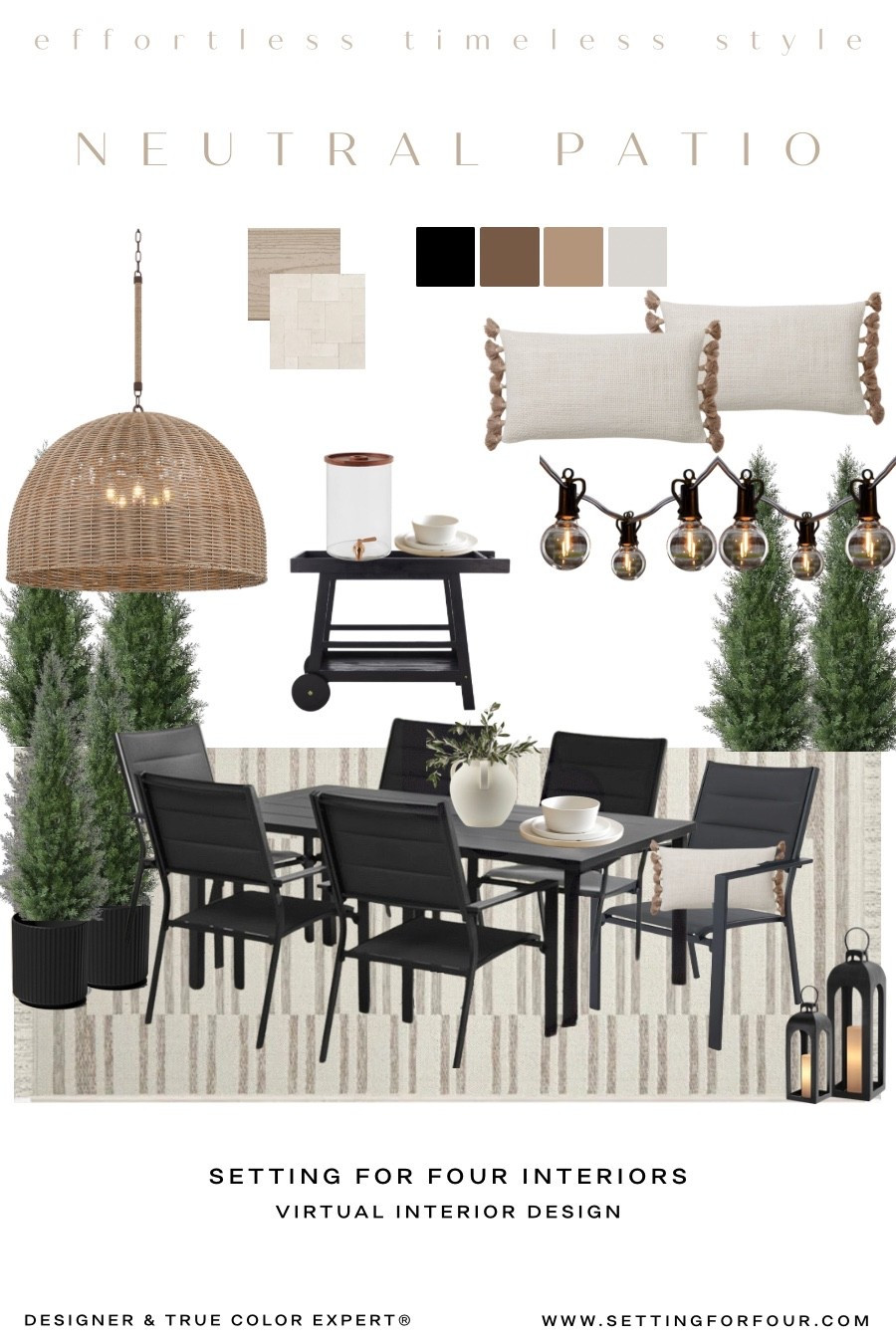 Neutral patio decor and furniture ideas
Mood board, outdoor dining chairs, dining table, outdoor rug, pendant light, pillows, bar cart, black, beige, organic modern, transitional, neutral aesthetic, patio lights, outdoor plants and trees

#LTKsummer #LTKsale #LTKhome
