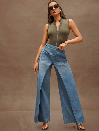 Denimoi Women Clothes, Women's Light Blue Wash Low-Waist Loose Fit Pocket Covered Wide Leg Casual... | SHEIN