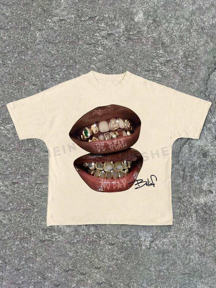 TrendsSHEIN EZwear Women Lip Print Crew Neck Casual Short Sleeve T-Shirt | SHEIN