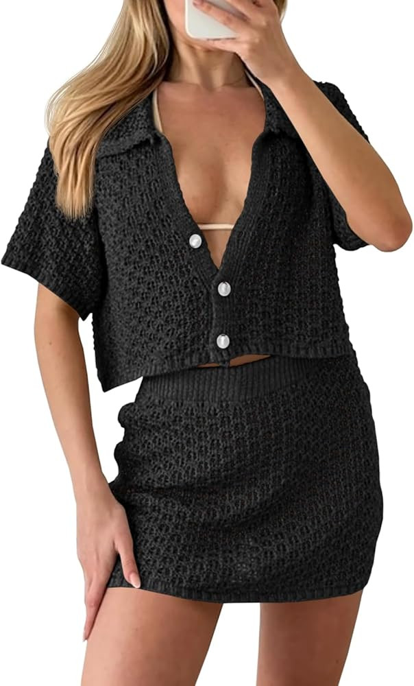 Saodimallsu Women 2 Piece Cover Up Set Crochet Beach Summer Knit Button Short Sleeve Crop Top Min... | Amazon (US)