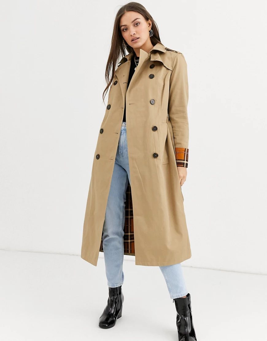 Warehouse trench coat with contrast check in camel-Beige | ASOS (Global)