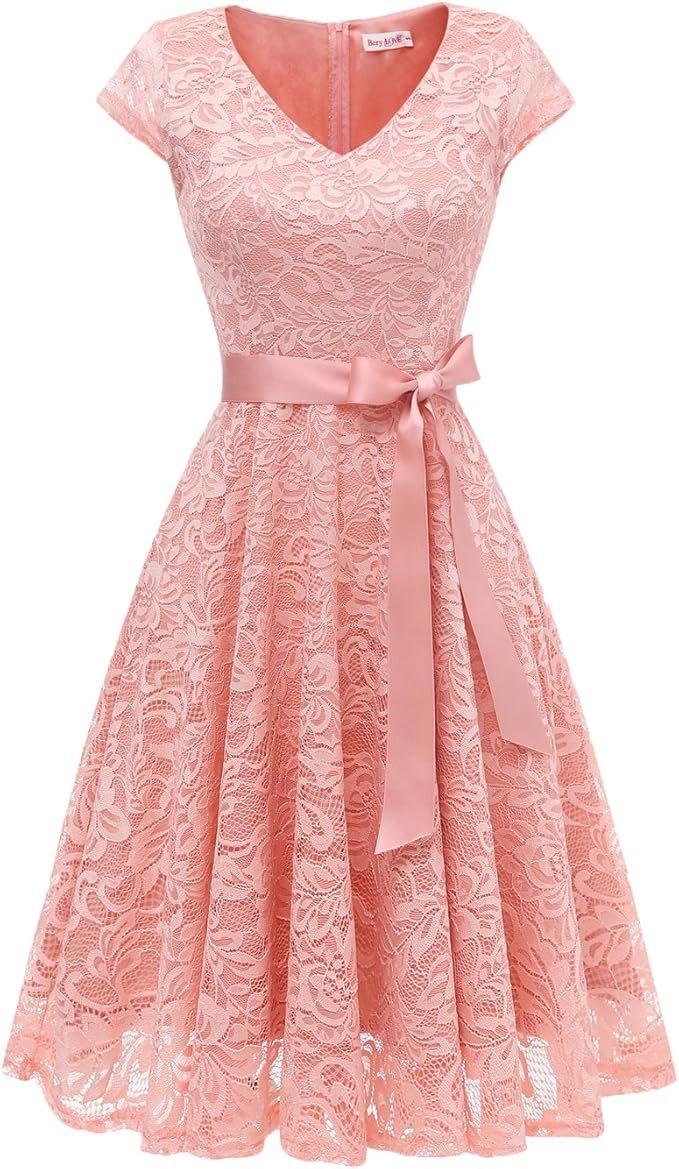 BeryLove Women's Floral Lace Short Bridesmaid Dress Cap Sleeve Cocktail Party Dress | Amazon (US)