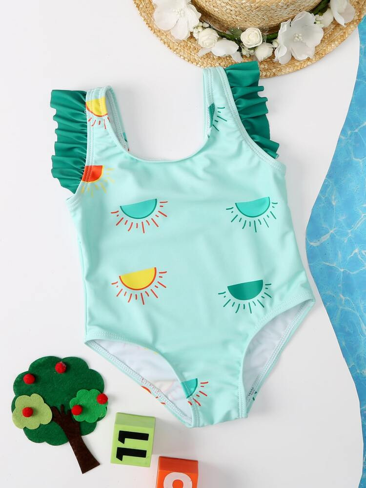 Baby Girl Geo Graphic Ruffle Trim One Piece Swimsuit | SHEIN