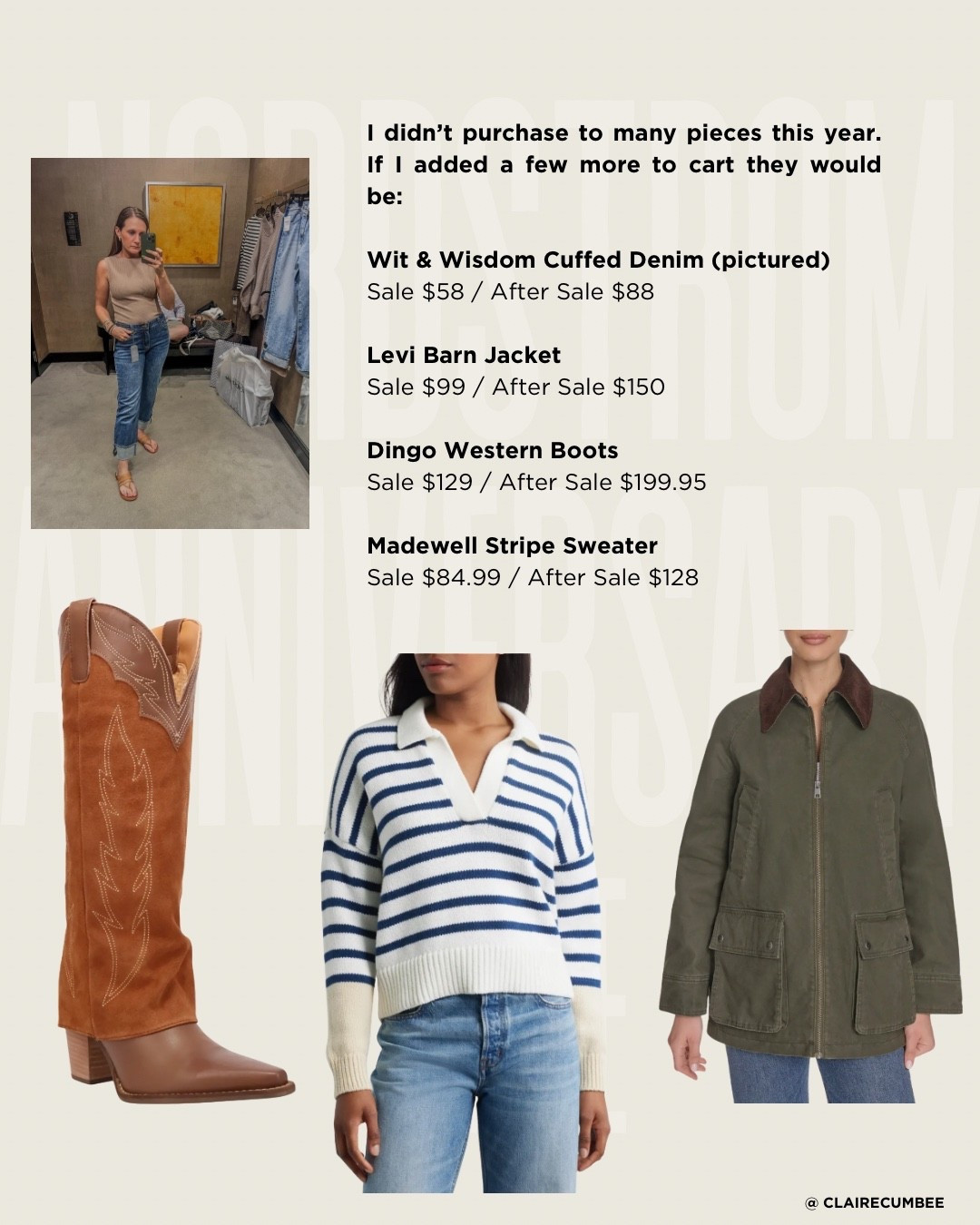 
This year Nordstrom Anniversay, I found fall staple pieces for a capsule wardrobe, knee high boots, business casual work wear.

I bought the open edit tank,  Ralph Lauren Tweed Coat, Vinca Camuto Brown Knee Hogh Boot with pointy toe and heel,  striped crewneck that is giving coastal grandmother vibe, some athletic pieces from free people like the $19 viral shorts,

If I were to add a few the Levi barn coat, western boot, denim under $75, and striped sweater 

#LTKMidsize #LTKOver40 #LTKSaleAlert