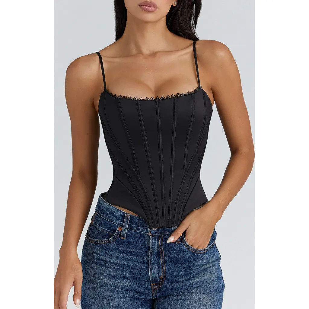 HOUSE OF CB Cadie Satin Corset Top in Black at Nordstrom, Size Large | Nordstrom