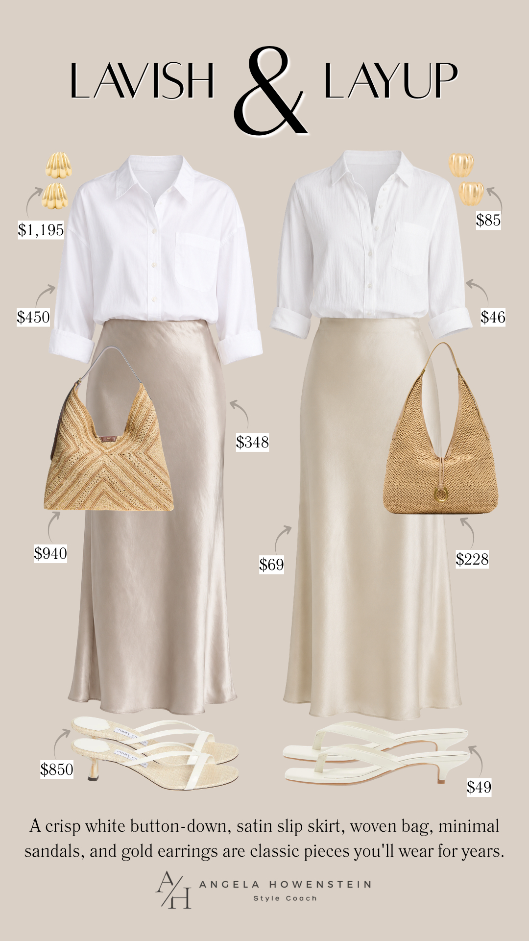 Love the look without the luxury price tag? This side-by-side proves you can create the same timeless outfit for a fraction of the cost. A crisp white button-down, satin slip skirt, woven bag, minimal sandals, and gold earrings are classic pieces you'll wear for years—no matter your budget.

👩‍💻 LTK PRO TIPS
❤️ Heart = Support my posts ;-)
🔖 Save = Get sale & restock alerts for the things you love!
📋 Lists = Keep favorites organized (List ideas: Christmas, Birthdays, and Vacations!)
📲 Share = Send lists and products to a friend (or your daughters like me).
💬 Comment = Ask me anything, and I'll answer. ;-) 

 #LTKootd #LTKSeasonal #LTKOver40