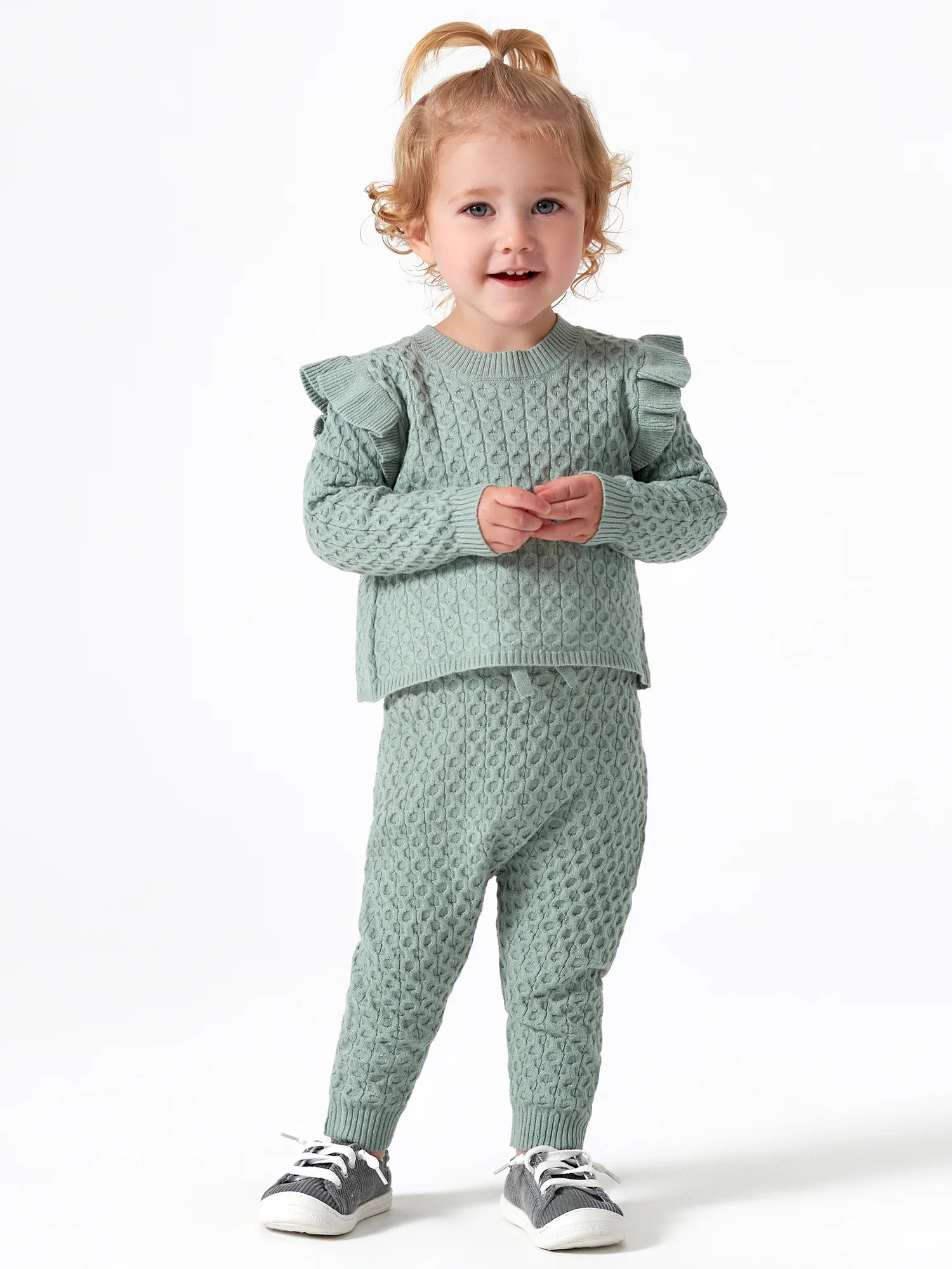 Modern Moments by Gerber Baby & Toddler Girl Cable Knit Ruffle Sweater & Pant, 2-Piece Outfit Set... | Walmart (US)