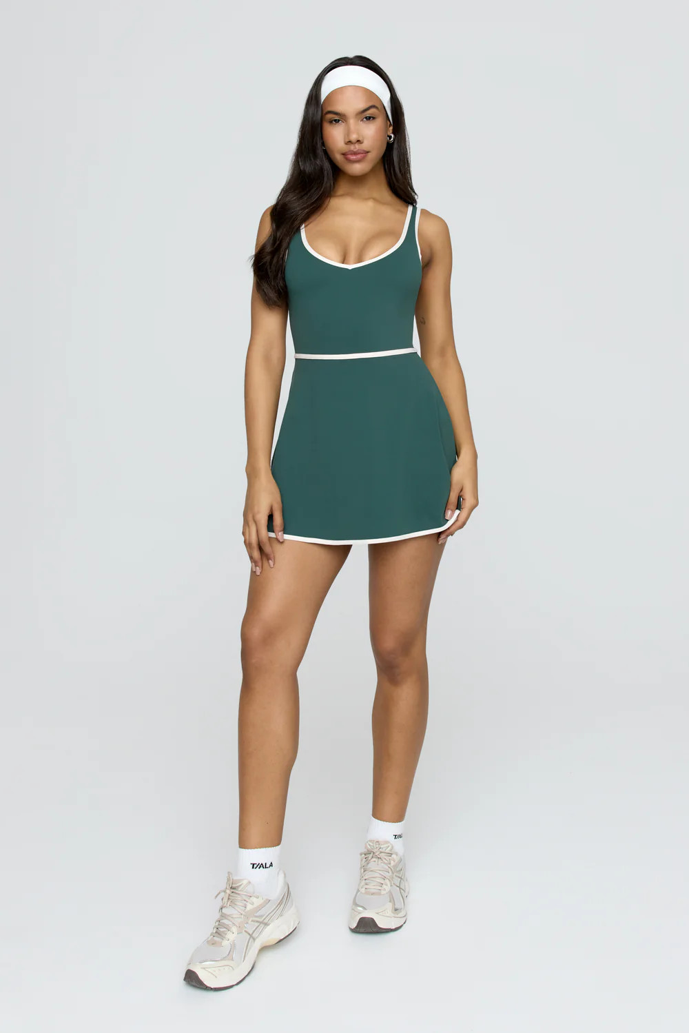 DayFlex Built-In Support V Neck Tennis Dress - Hunter Green And Milk | TALA (UK)