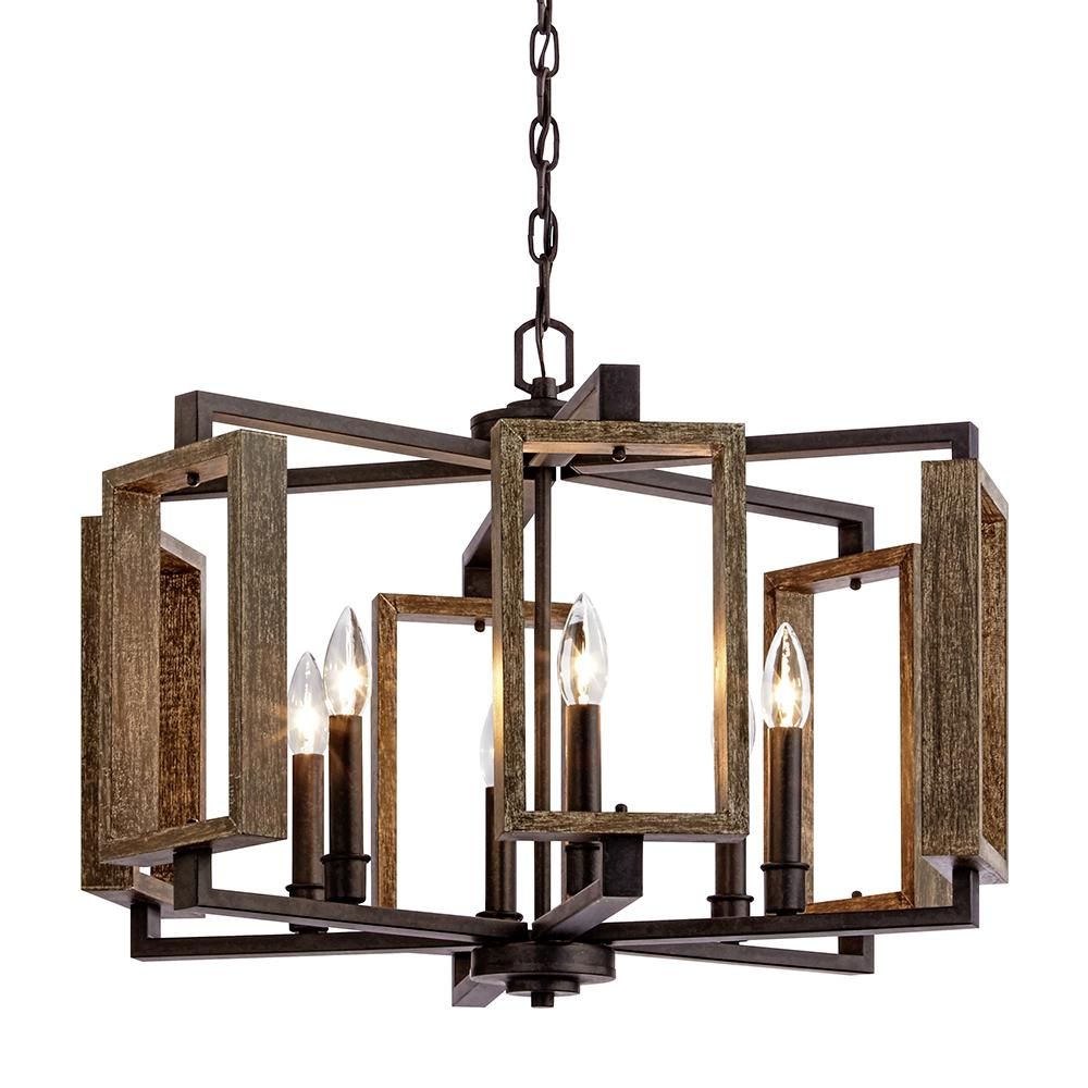 Zurich 6-Light Aged Bronze Pendant with Wood Accents | The Home Depot