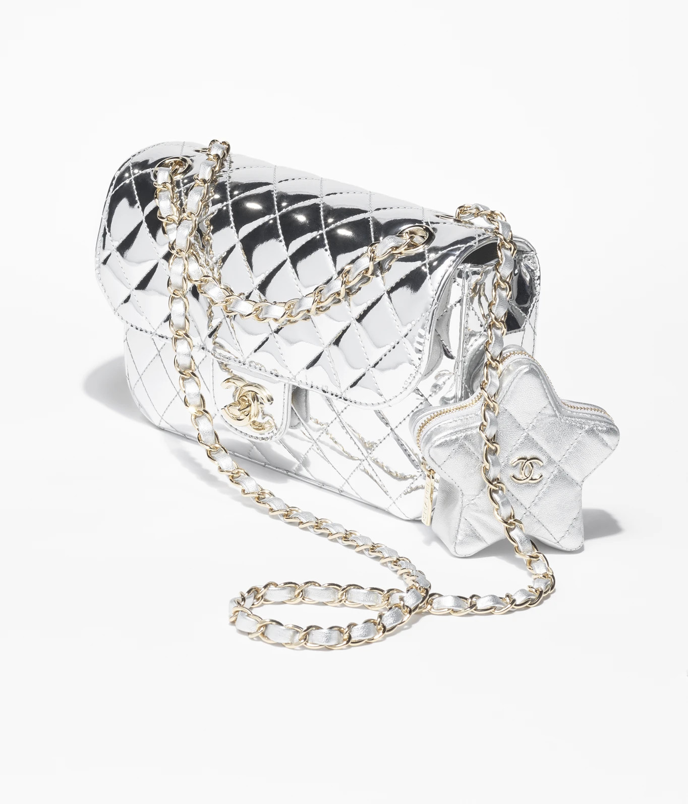 Flap bag & star coin purse, Mirror calfskin, metallic calfskin & gold-tone metal, silver — Fash... | Chanel, Inc. (US)