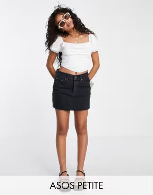 ASOS DESIGN Petite mid rise 'original' denim mini skirt in washed black | ASOS (Global)