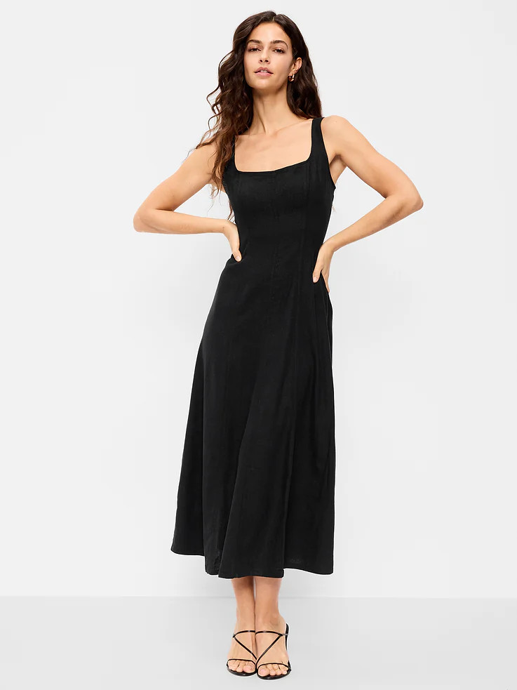 Fit & Flare Sleeveless Linen-Blend Midi Dress | Old Navy (US)