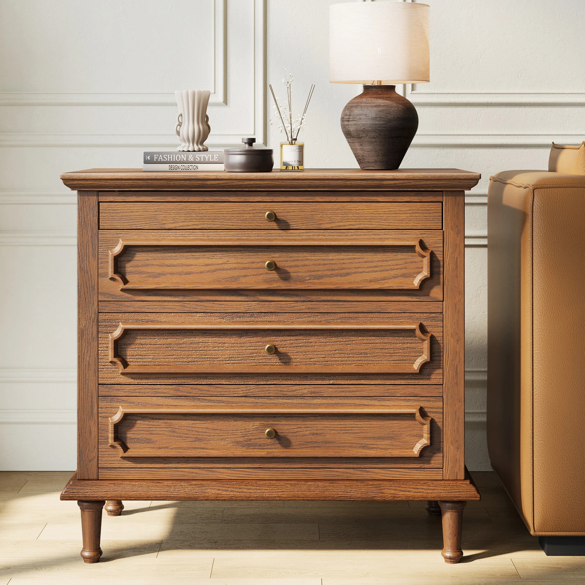 Traditional 28.3''W 3-Drawer Solid Wood Nightstand with Built-in Outlets and Pull-out Shelf, Mid-... | Wayfair North America