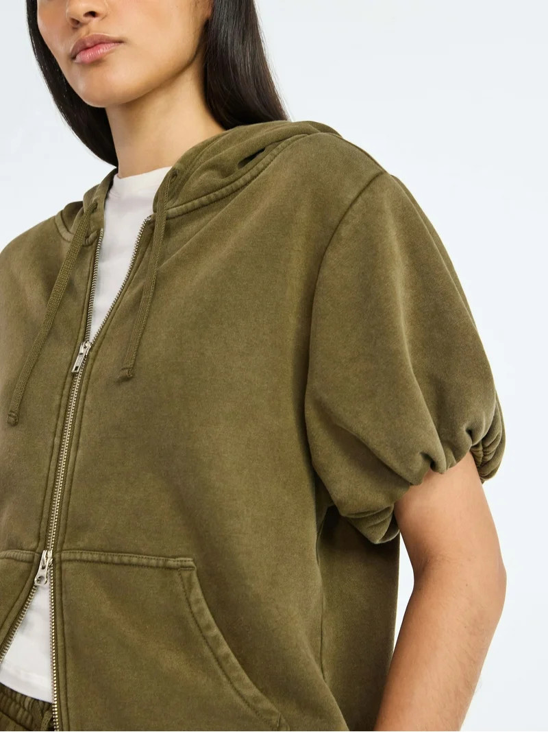 Scoop Women’s Mineral Washed Zip Hoodie with Short Puff Sleeves, Sizes XS-XXL | Walmart (US)