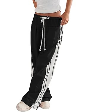 Hongsui Women's Wide Leg Pants Drawstring High Rise Side Striped Slouchy Palazzo Pants with Pocke... | Amazon (US)