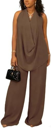 Vssjavun Women's Summer 2 Piece Outfits Cowl Neck Sleeveless Halter Tops and Wide Leg Pants Vacat... | Amazon (US)