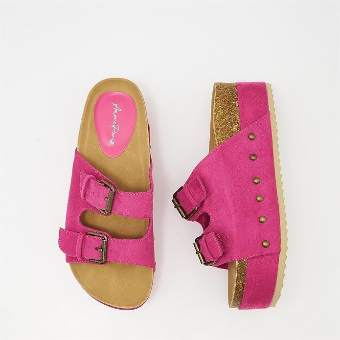 Women's Cork Footbed Slides Dual Buckled Straps Platform Clogs Suede Slip-on Flatform Sandals Com... | Amazon (US)