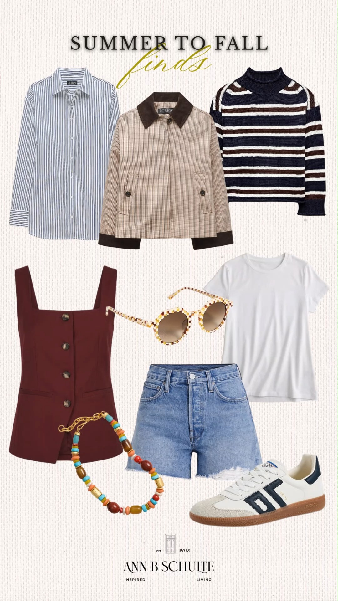 Summer to fall dressing is all about finding those easy pieces that work across both seasons. Lightweight button downs, denim shorts, a crisp tee, and playful accessories keep things fresh for warmer days, while a cozy striped sweater and tailored jacket make the transition effortless. Richer colors and classic layers add just the right hint of fall without rushing the season. These versatile finds make building transitional outfits feel simple and stylish. 🍂🤍✨

#SummerToFall #TransitionalStyle #FallFashion #SummerFashion #FallOutfits #LayeringStyle #WardrobeEssentials #CapsuleWardrobe 

 #LTKootd