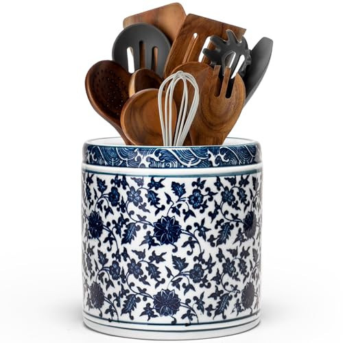 CHALEEMANG Utensil Holder, 6" Premium Ceramic Kitchen Utensil Rack for Countertop, Hand-painted blue and white porcelain made in Jingdezhen suitable for Vintage Farmhouse Kitchen Counter Decor | Amazon (US)
