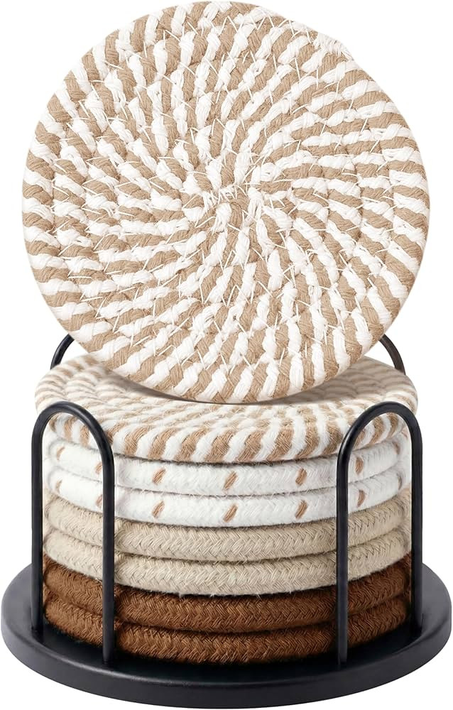 Lazebox Coasters Set of 8 for Drinks, Beer, Coffee, Cotton Woven 4 Colors Absorbent Coaster with ... | Amazon (US)
