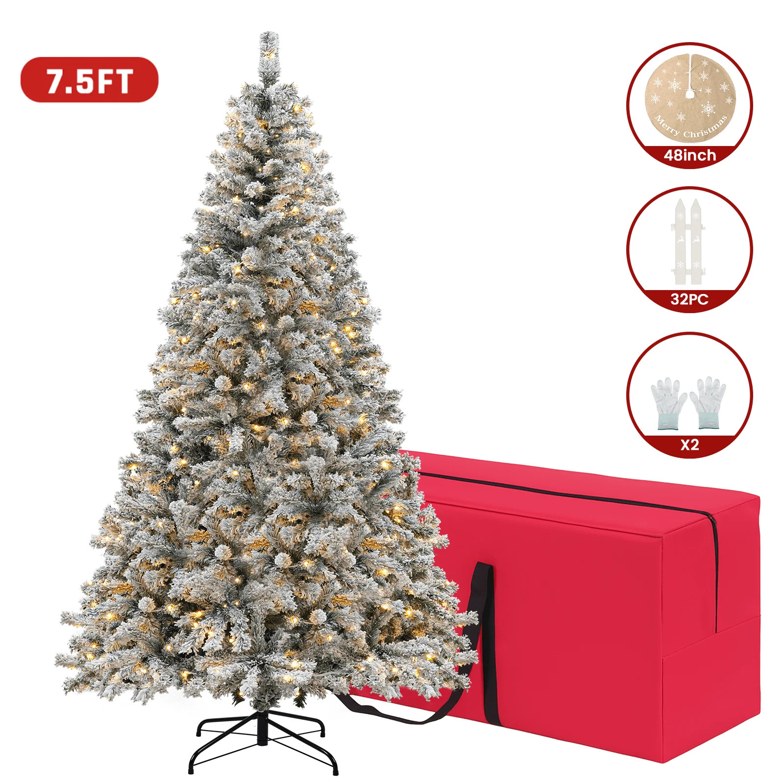 VAVSEA 7.5ft Pre Lit Snow Flocked Christmas Tree with Storage Bag, Fence, Tree Skirt, Hinged Arti... | Walmart (US)