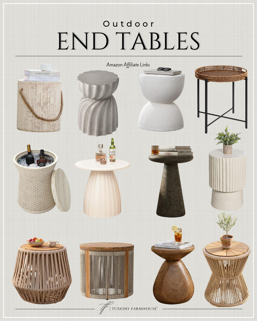 Outdoor living, thoughtfully considered.

These end tables offer more than convenience—they anchor a seating area, introduce texture, and quietly elevate the overall composition of your patio or garden space. Sculptural silhouettes, woven details, and softly finished stone or wood tones create a refined balance between durability and design.

Layer them beside lounge seating with a simple tray, a glass of something refreshing, or a small arrangement of greenery. The effect is effortless, yet intentional—an outdoor setting that feels as composed as any interior. 

 #LTKSeasonal #LTKHome #LTKSaleAlert