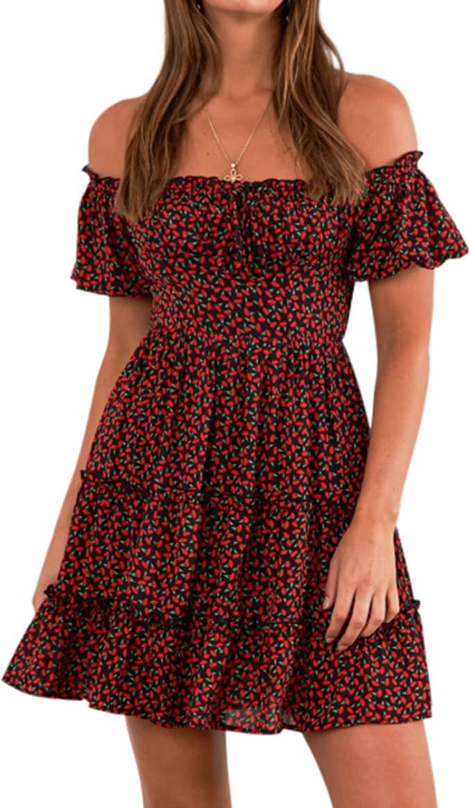 Phortric Women Off Shoulder Short Puff Sleeve Ruffle Dress Floral Printed Elastic Waist A-Line Mi... | Amazon (US)