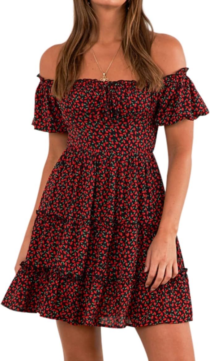 Phortric Women Off Shoulder Short Puff Sleeve Ruffle Dress Floral Printed Elastic Waist A-Line Mi... | Amazon (US)